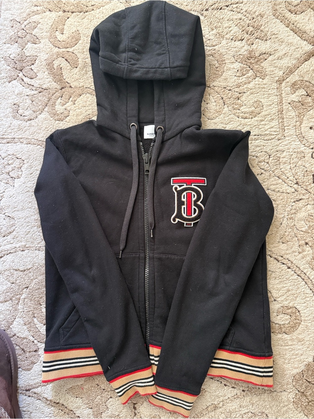 Burberry Black Hooded Zip Jacket with Red & Cream Trim